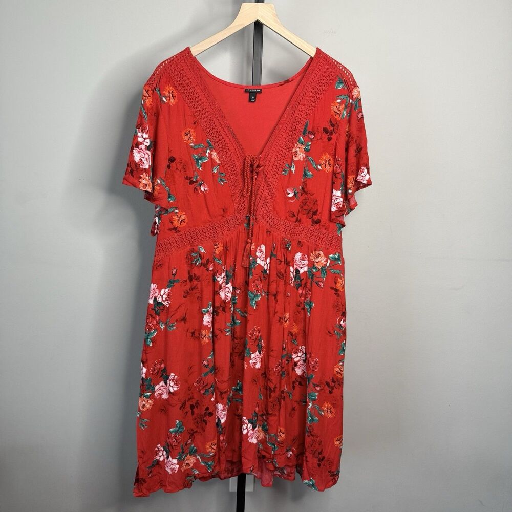 TORRID Red Floral Crochet Skater Dress Boho Front Tassel Tie Size 4X
